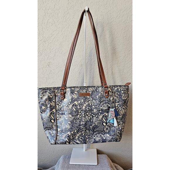 Sakroots Metro Tote Purse Coated Canvas Handbag Owl Charm Canvas Blue Desert - Picture 1 of 14